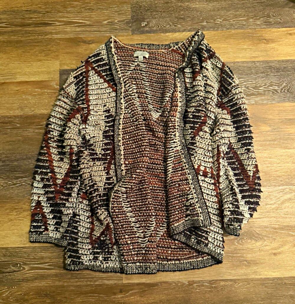 Lucky Brand Women’s L Open Front Geometric Knit Long Sleeve Cardigan Sweater